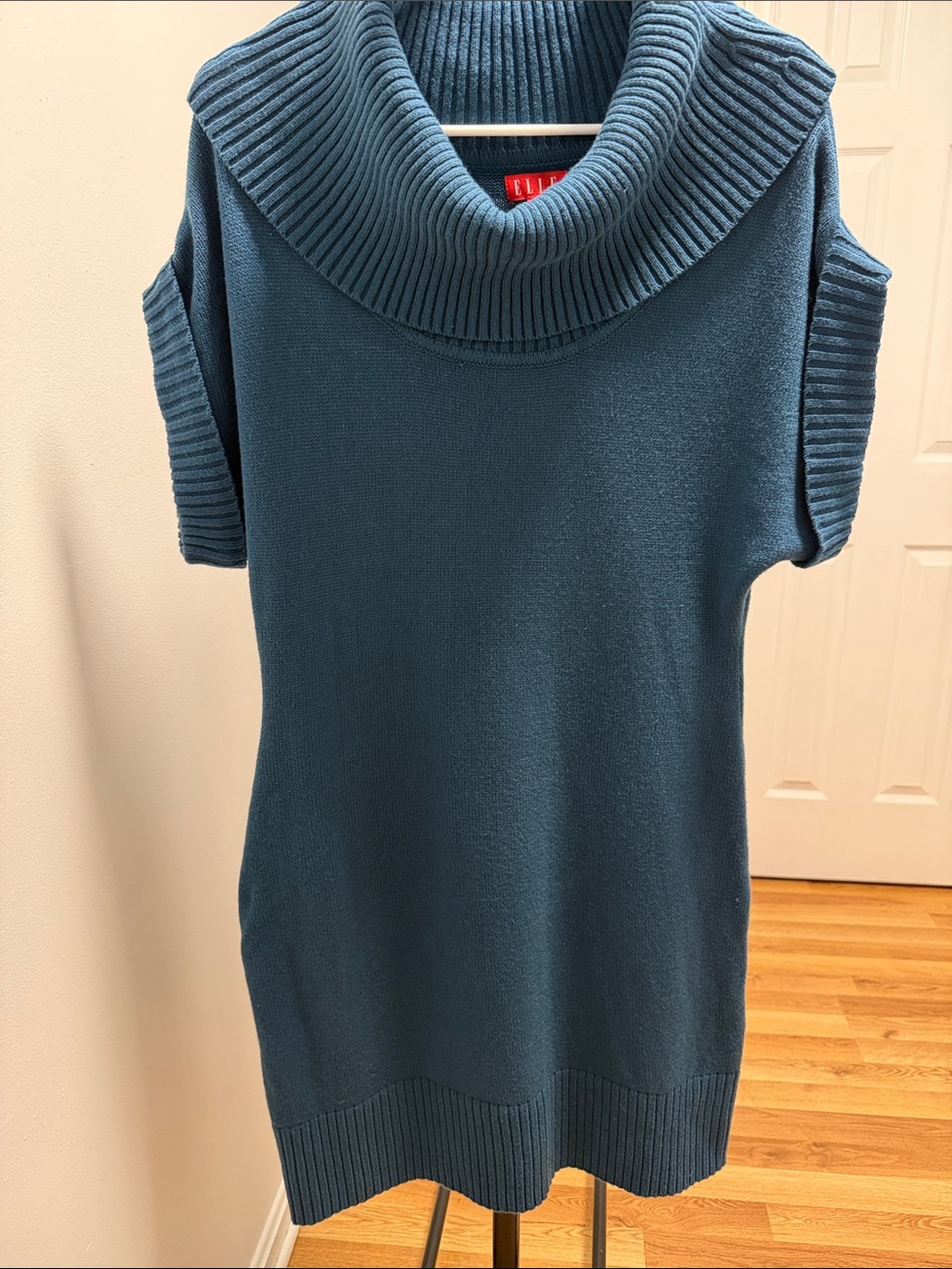 Elle Teal Cowl Neck Short Sleeve Tunic Sweater SZ S
